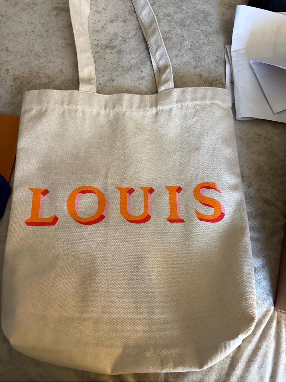 LOUIS Vuitton Canvas Tote Bag in Cream with Orange-Pink Logo